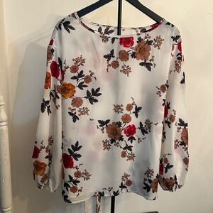 Shein Curve Women's 1XL Floral Print Long Sleeve Blouse White Red Brown